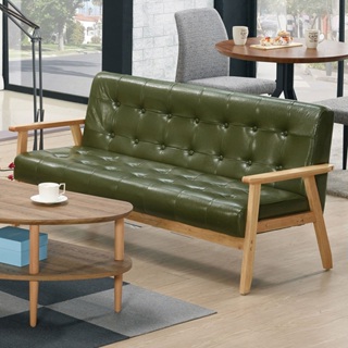 Boden-納森綠色皮革實木沙發三人座/沙發椅