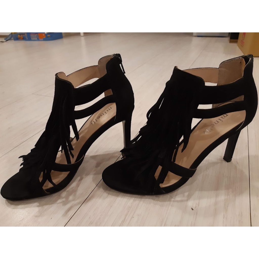 法國品牌 Minelli 麂皮黑色流蘇高跟鞋 絨布 中低跟鞋  晚宴鞋 頂級 真皮