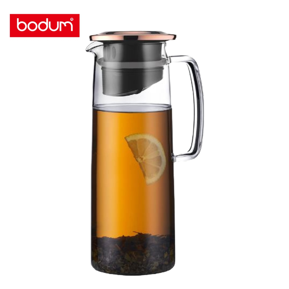 【丹麥bodum】biasca 玻璃冷水瓶 1200cc-玫瑰金色上蓋/含濾網過濾器｜耐熱玻璃/可冷藏/洗碗機 ♥輕頑味