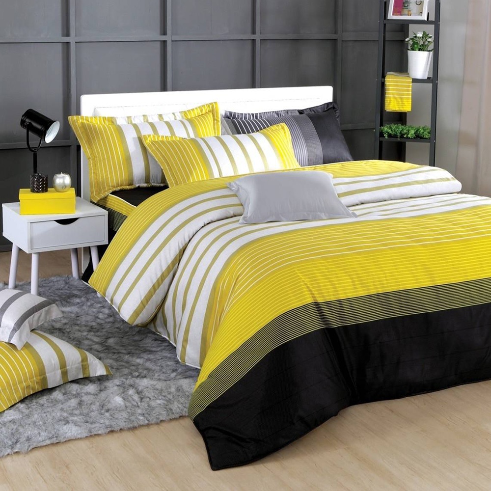 貴夫人 標準雙人5x6.2尺七件式床罩組 9795黃色(中枕x1+床罩x1+枕套x2+鋪棉枕x2+兩用被套x1)