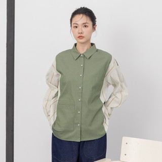 【MOSS CLUB】假兩件細條紋襯衫領長袖上衣 藍 黑 綠 (魅力商品)