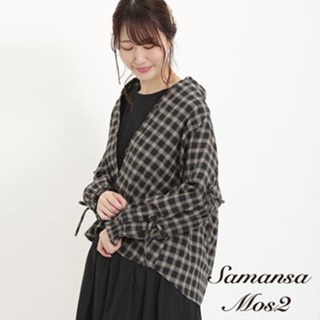 Samansa Mos2 素面/格紋甜美蝴蝶結袖立領襯衫(FL41L0A0280)