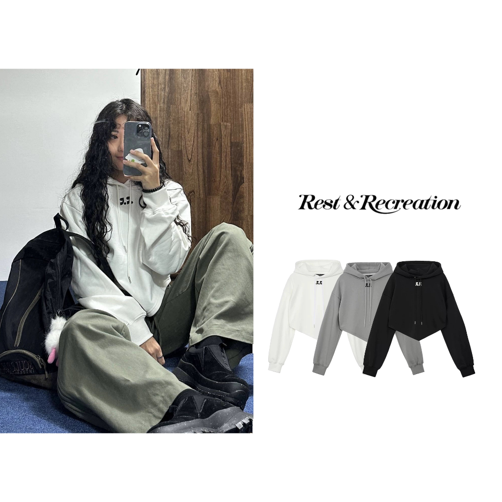 Rest&amp;Recreation 韓國代購 新款短款帽T 不規則下擺 個性百搭修身款 印花logo 上衣女