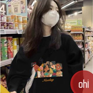 【ohi】黑色大學T 加絨刷毛寬鬆長袖上衣 卡通印花設計感長袖衛衣(GTD178)