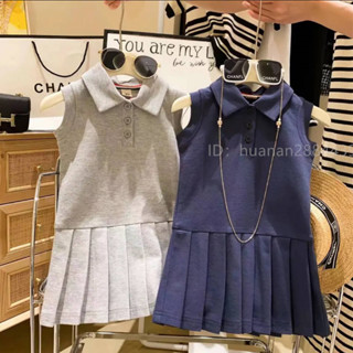 【全店免運】女童洋裝 小洋裝女童 兒童洋裝 女童連衣裙 夏季2024 新款洋氣 學院風 無袖百褶裙 兒童Polo裙 兒童