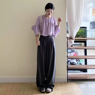 黑妞私藏 優雅 紫短版 上衣 寬褲 兩件式 套裝-BZ020629/A044