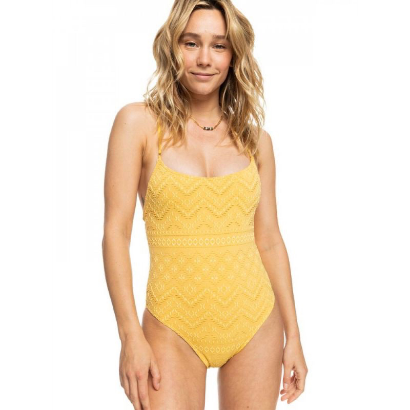 全新 Roxy 黃色刺繡美背連身泳衣