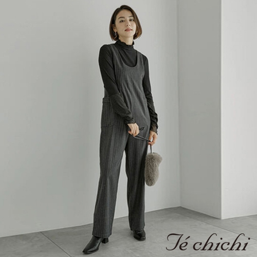 Te chichi U領直條紋/素面口袋吊帶連身褲(FC37L0F0380)