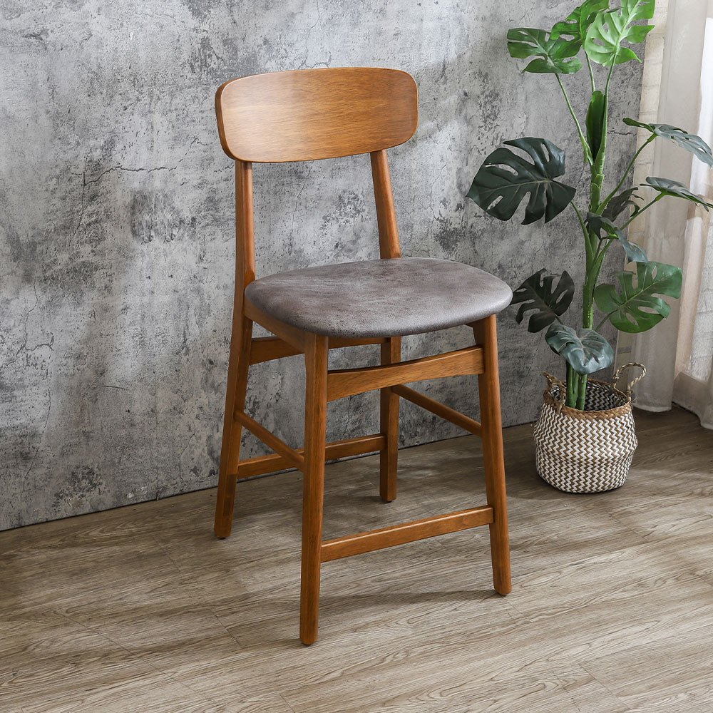 Boden-范恩復古風仿舊咖啡色皮革實木吧台椅/吧檯椅/高腳椅-淺胡桃色