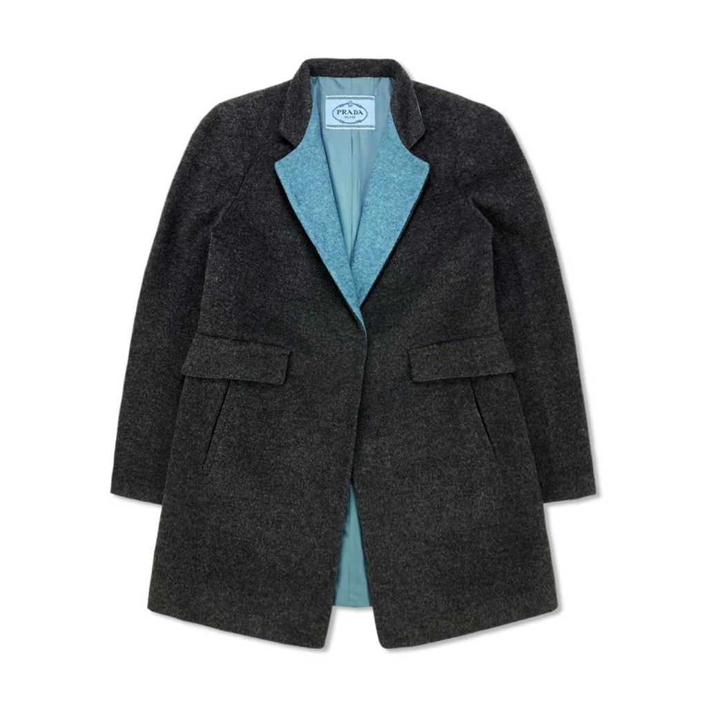 [極新品] Prada 普拉達 100%純羊毛 鐵灰色+湖水綠領拼接 女生隱藏釦長版大衣 義大利製 約S號