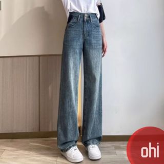 【ohi】韓版復古 拚色直筒牛仔長褲 高腰顯瘦設計感 寬鬆牛仔褲 S-5XL 女牛仔褲 (XGJM359)
