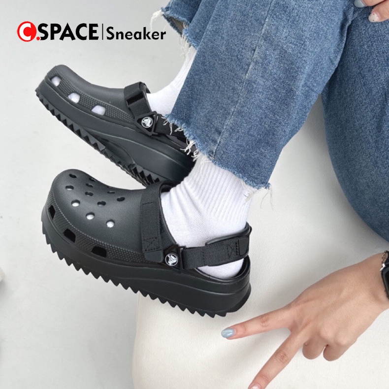 【C.SPACE】crocs classic hiker clogs 洞洞鞋 鋸齒款 可調節 魔鬼氈 厚底 黑白