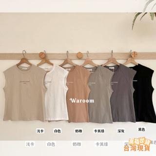 Waroom|高雄現貨秒出 韓國設計超肩連袖字母印花無袖上衣女裝|T恤|半肩袖|背心上衣|休閒上衣|英文字母T 336
