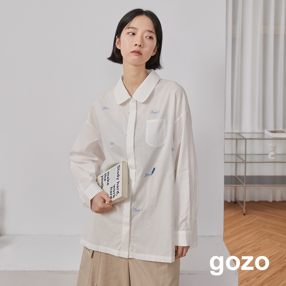 【gozo】天絲棉寫下來繡花長襯衫(白色/綠色_F) | 女裝 襯衫領 百搭