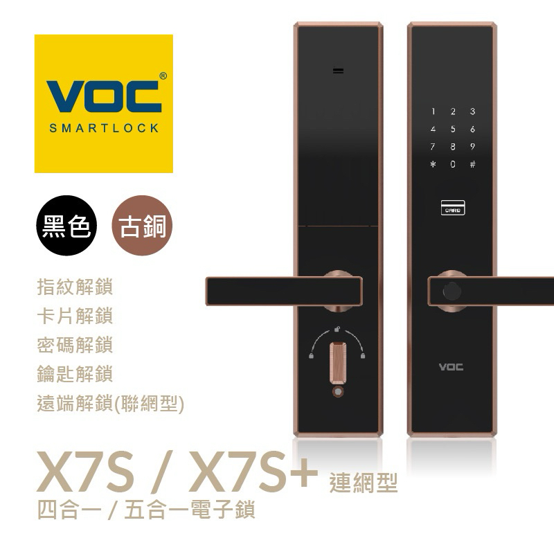 VOC X7S+五合一電子鎖（公司貨含安裝保固） 指紋｜密碼｜卡片｜鑰匙｜遠端
