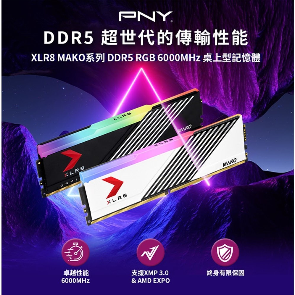 [含稅開發票] 全新 PNY MAKO RGB DDR5 6000 32GB(16Gx2) 黑/白 /桌上型電競記憶體