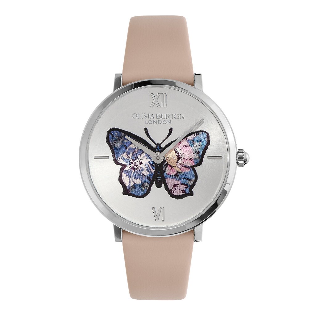 Olivia Burton  Signature 蝴蝶花卉 裸色皮革錶帶腕錶－銀 35MM (24000145)