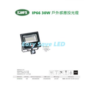 含稅 KAOS LED IP66 戶外感應投光燈 30W (黃光/自然光/白光) 全電壓