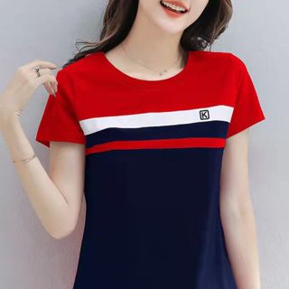 100%純棉粉色t恤女 ins時尚拼接上衣半袖體桖 夏季女裝 短袖t恤 大尺碼女裝 短袖上衣 休閒上衣女 韓版上衣女