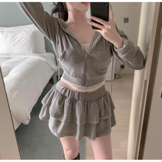 Winni Shop韓國連線✈️正韓 休閒短版連帽外套+鬆緊蛋糕短裙兩件式套裝SET 休閒套裝 短版外套 蛋糕裙 春夏新