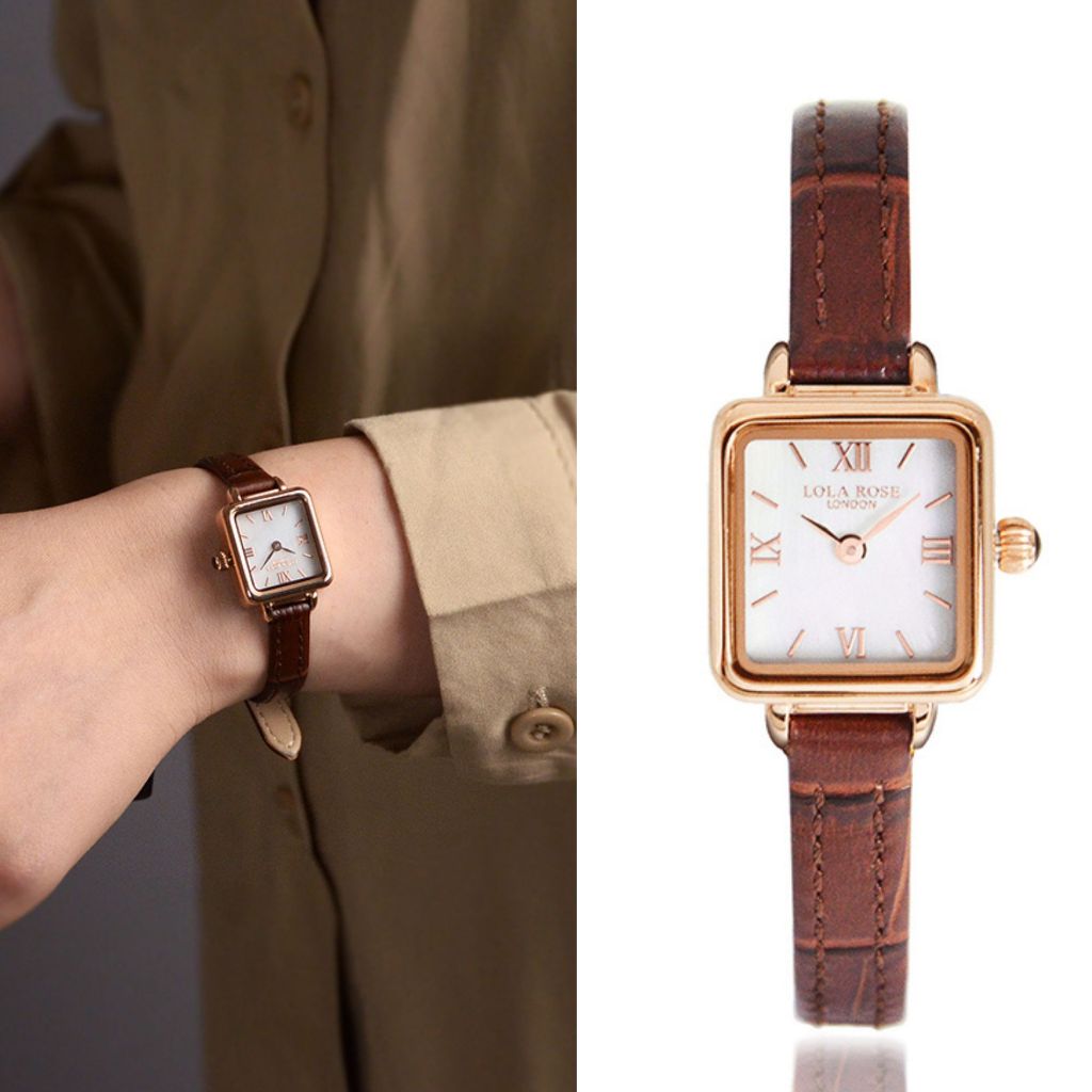 【For You】當天寄出 I LOLA ROSE 玫金框 白面 小巧方形腕錶 棕色皮革錶帶 女錶 - 贈送手環