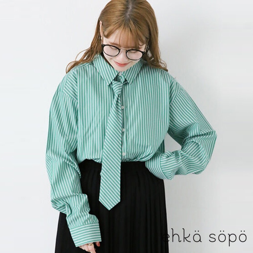 ehka sopo 素色/條紋領帶造型長袖襯衫(FF42L0A0580)