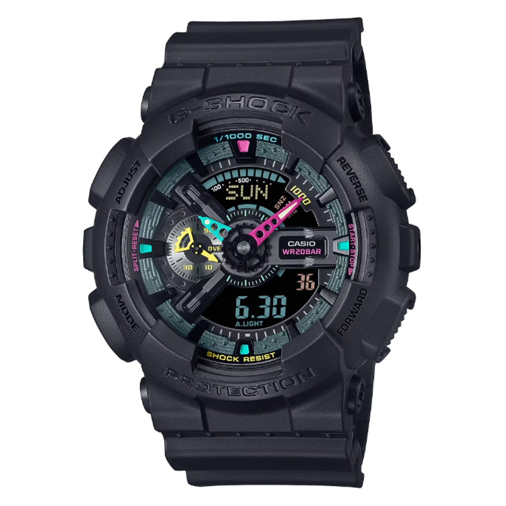 CASIO 卡西歐(GA-110MF-1A)G-SHOCK 酷炫霧面黑 螢光色點綴 大錶殼雙顯錶