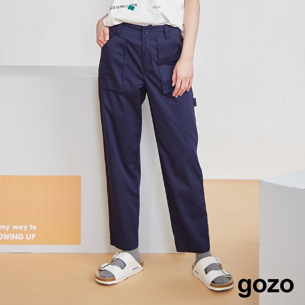 【gozo】印花掛繩寬鬆工裝男友褲(深綠/深藍_M/L) | 女裝 修身 休閒