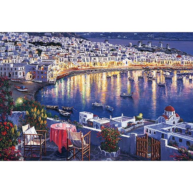 1000-662 絕版1000片日本進口拼圖 繪畫風景 Sam Park  希臘 愛琴海 米科諾斯島的夜晚