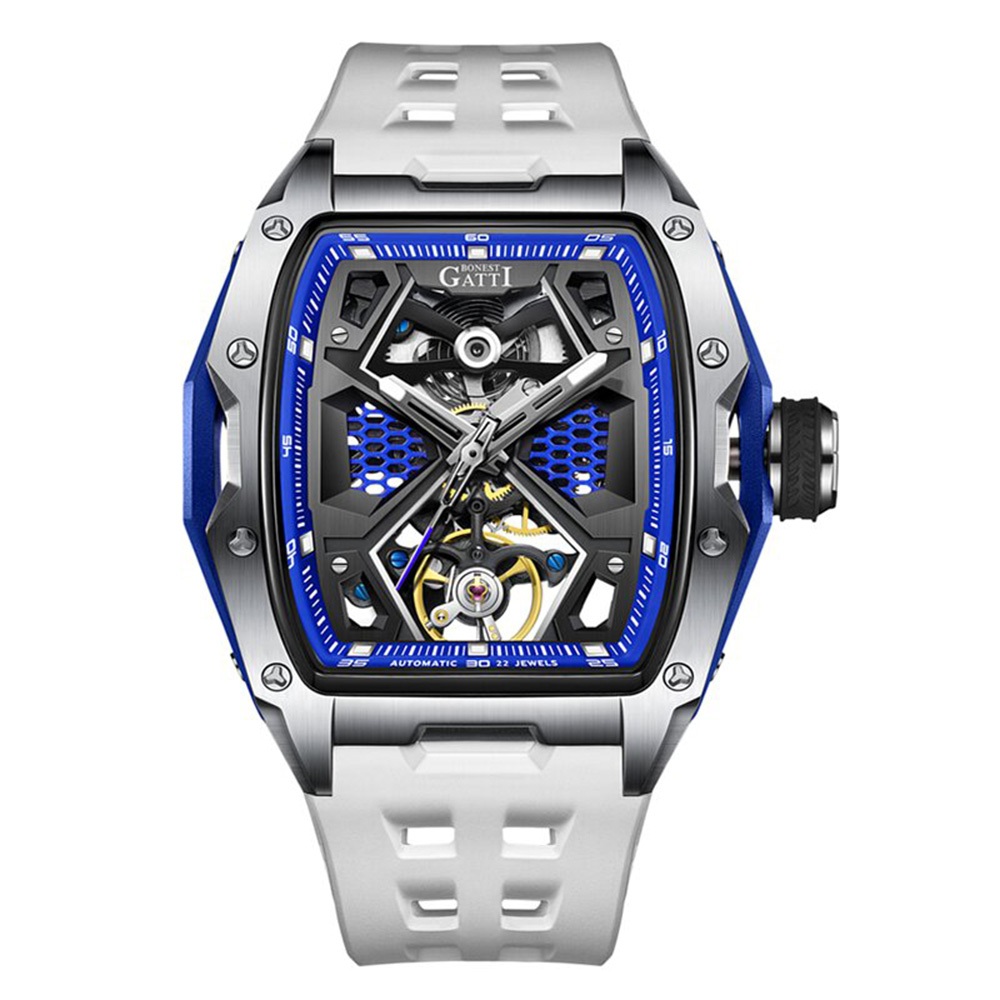 【For You】BONEST GATTI 布加迪 原廠授權 - 藍色系銀框 鏤空酒桶造型 白色氟橡膠錶帶 機械錶