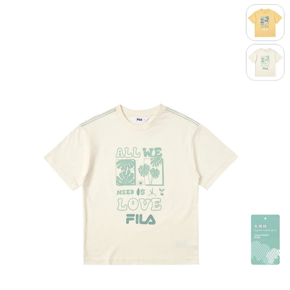 【FILA】KIDS 孩童款 短袖 純棉 運動圓領上衣-米白 1TEX-4300-IV