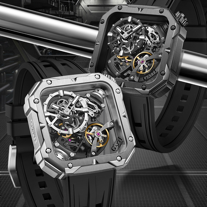 【For You】BONEST GATTI 布加迪 原廠授權 - 王者裝置系列 方形機械錶 懸浮式設計機芯 贈不鏽鋼錶帶