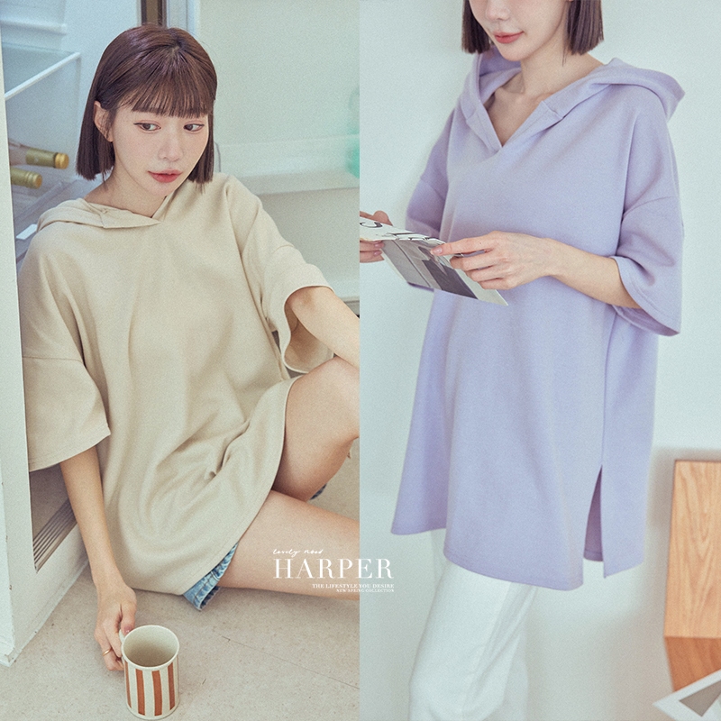 【HARPER】《Cozy vibes》品牌自訂連帽長版上衣 |現+預 短袖 上衣 連帽 長版 【CLF13615H】