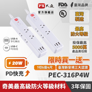 PX大通 PEC-316P4W 台灣製造 1切6座4尺 TYPE-C USB 電源延長線 20W PD QC 快充 防火