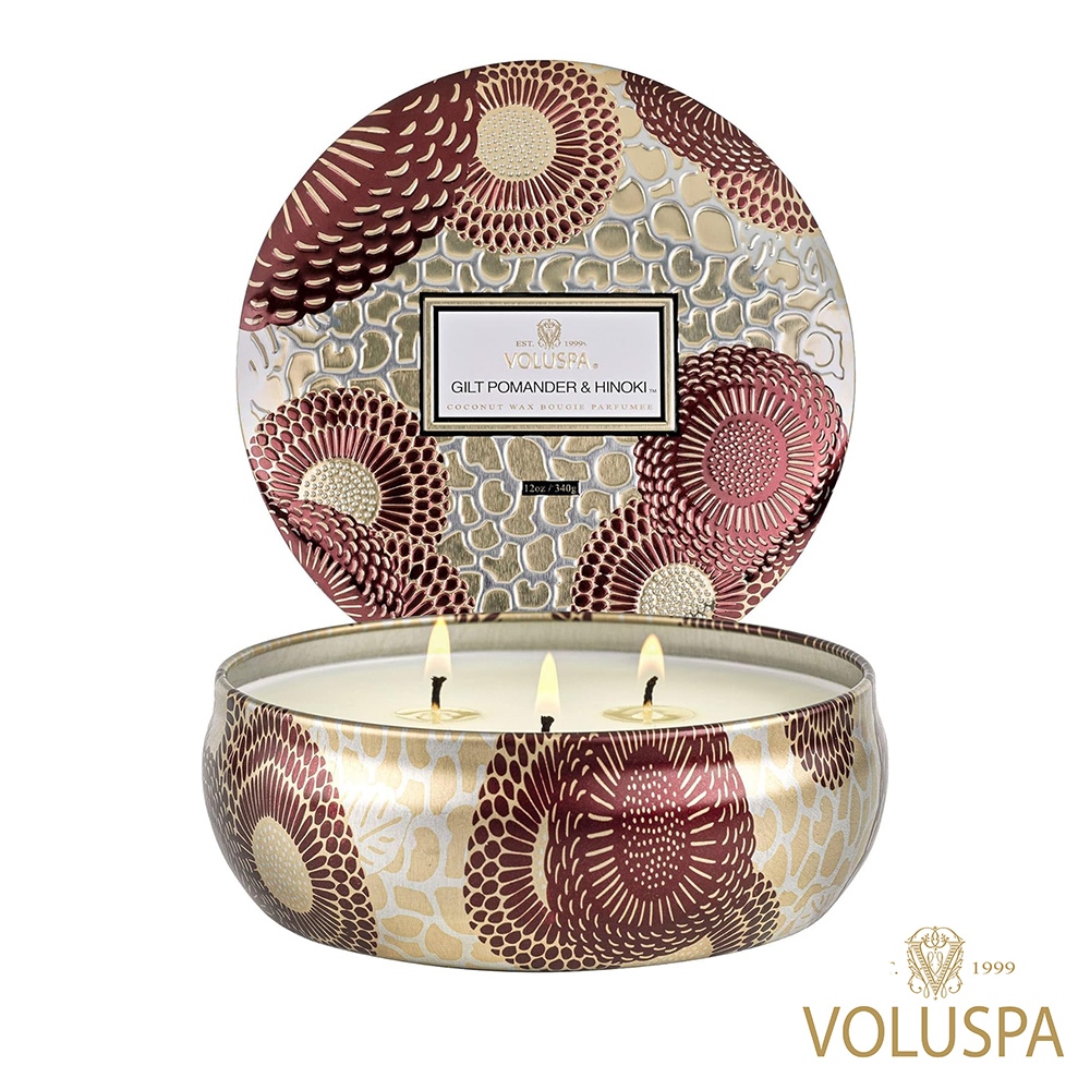 VOLUSPA 日式庭園系列 GILT POMANDER &amp; HINOKI 黃金香囊&amp;檜木 錫盒 340g