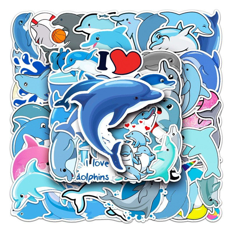 🤙🏻🇹🇼現貨🤙🏻50張 海豚 動物 小清新 塗鴉風格 ins 獎勵貼紙 PVC 防水 行李箱 安全帽 筆電 滑板 冰箱