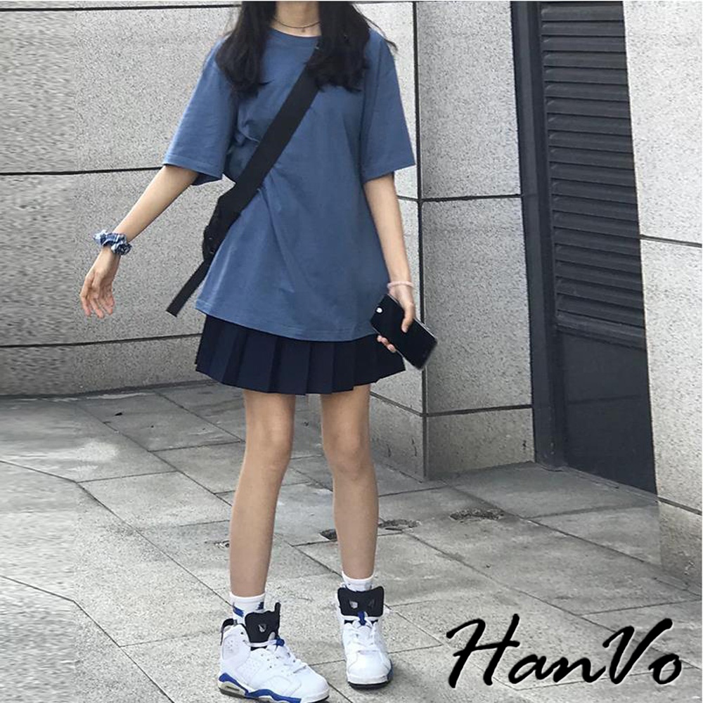 【HanVo】素色寬鬆長版圓領T 純棉吸濕排汗透氣 韓系女裝 女生衣著 0190