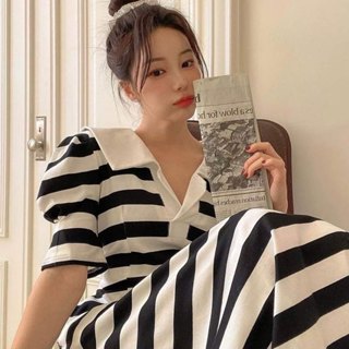 BEGIN 正韓顯身材POLO領條紋洋裝 公主袖 縮腰 腰身 V領 顯瘦 長洋裝 長裙 海軍風 大翻領