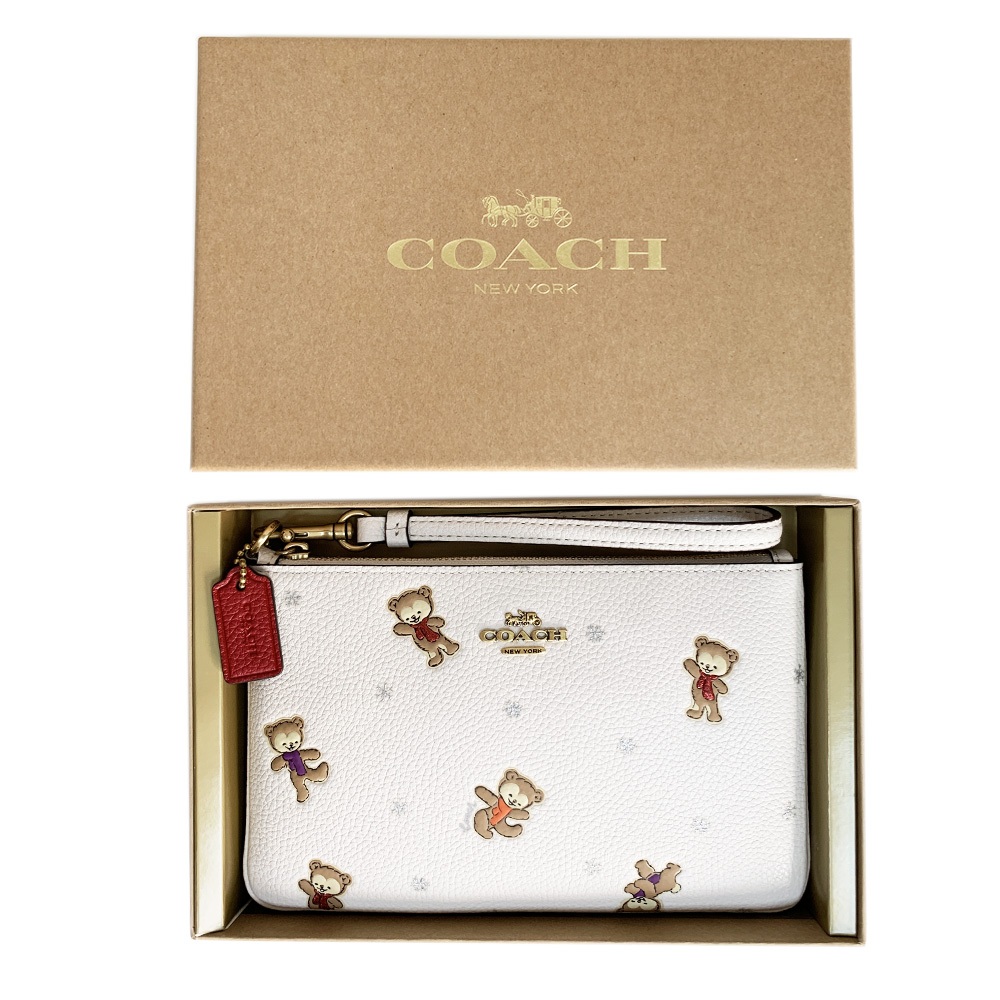 COACH 時尚禮盒裝雪熊印花皮革手拿包 白色 C6601B B4CAH