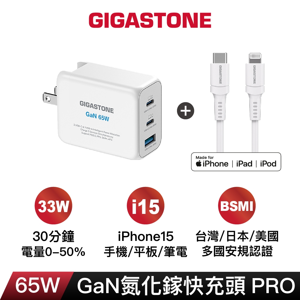 【GIGASTONE】65W GaN氮化鎵充電器 PRO｜適用iPhone三星手機/Mac筆電/Type-C PD快充頭