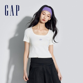 Gap 女裝 Logo方領短袖T恤 短版上衣-米白色(890006)