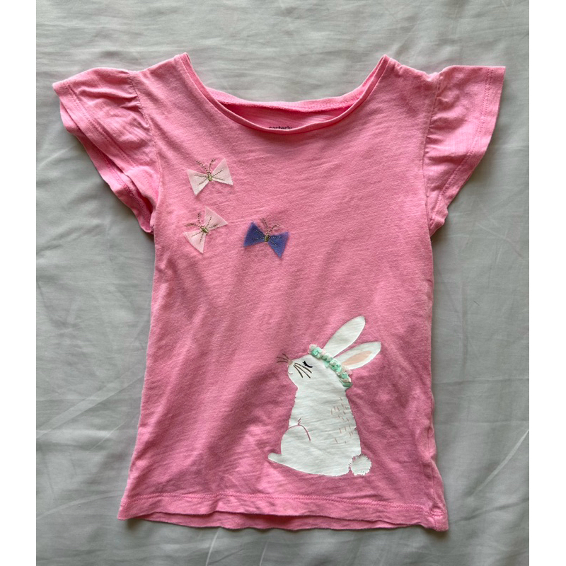 二手童衣童裝-女童 Carter’s 卡特 粉紅小兔蝴蝶荷葉袖上衣 T恤 #4t