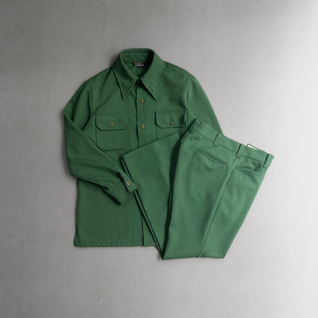 《白木11》 70S JC PENNEY LEISURE SUIT 美國製 草綠色 聚酯纖維 襯衫 靴型褲 休閒 套裝