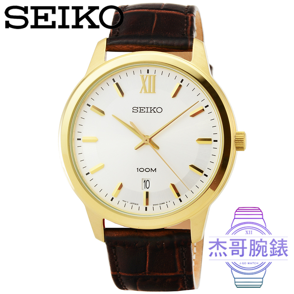 【杰哥腕錶】SEIKO精工簡約時尚皮帶男錶- 金框銀面 / SUR036P1