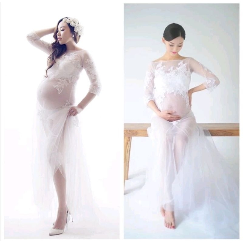 【出租】NO226白色透明蕾絲紗質孕婦寫真服