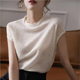 愛依依 短袖上衣 短袖T恤 蕾絲上衣S-XL夏季短袖寬鬆洋氣小衫設計感小眾鏤空蕾絲上衣NE25-6357.