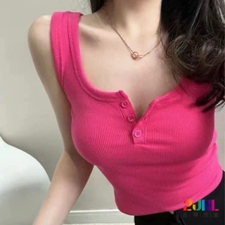 #L130432 多巴胺休閒寬肩開釦美背罩杯背心 糖果色螺紋質感彈力百搭無袖上衣 日常打底素色鈕扣設計背心