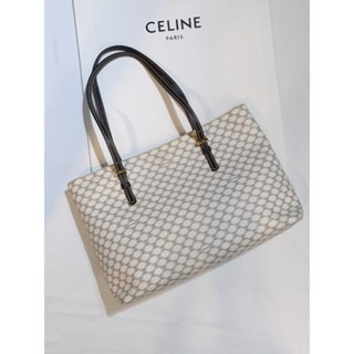 【哈極品】二手品《CELINE 白色拼咖啡皮革凱旋門Logo托特包/小款 /購物包》