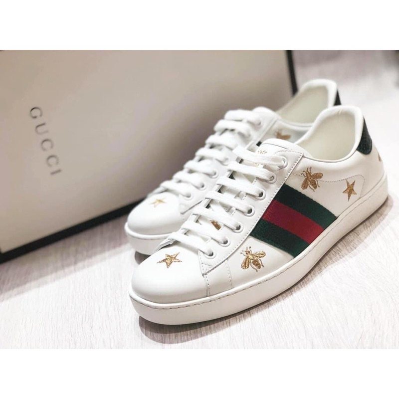 GUCCI 古馳滿版星星蜜蜂刺繡小白鞋