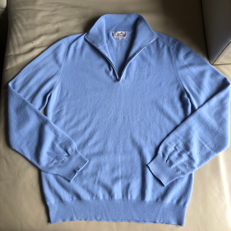 保證正品 Hermes 藍色 100% cashmere 拉鍊 毛衣 size XL